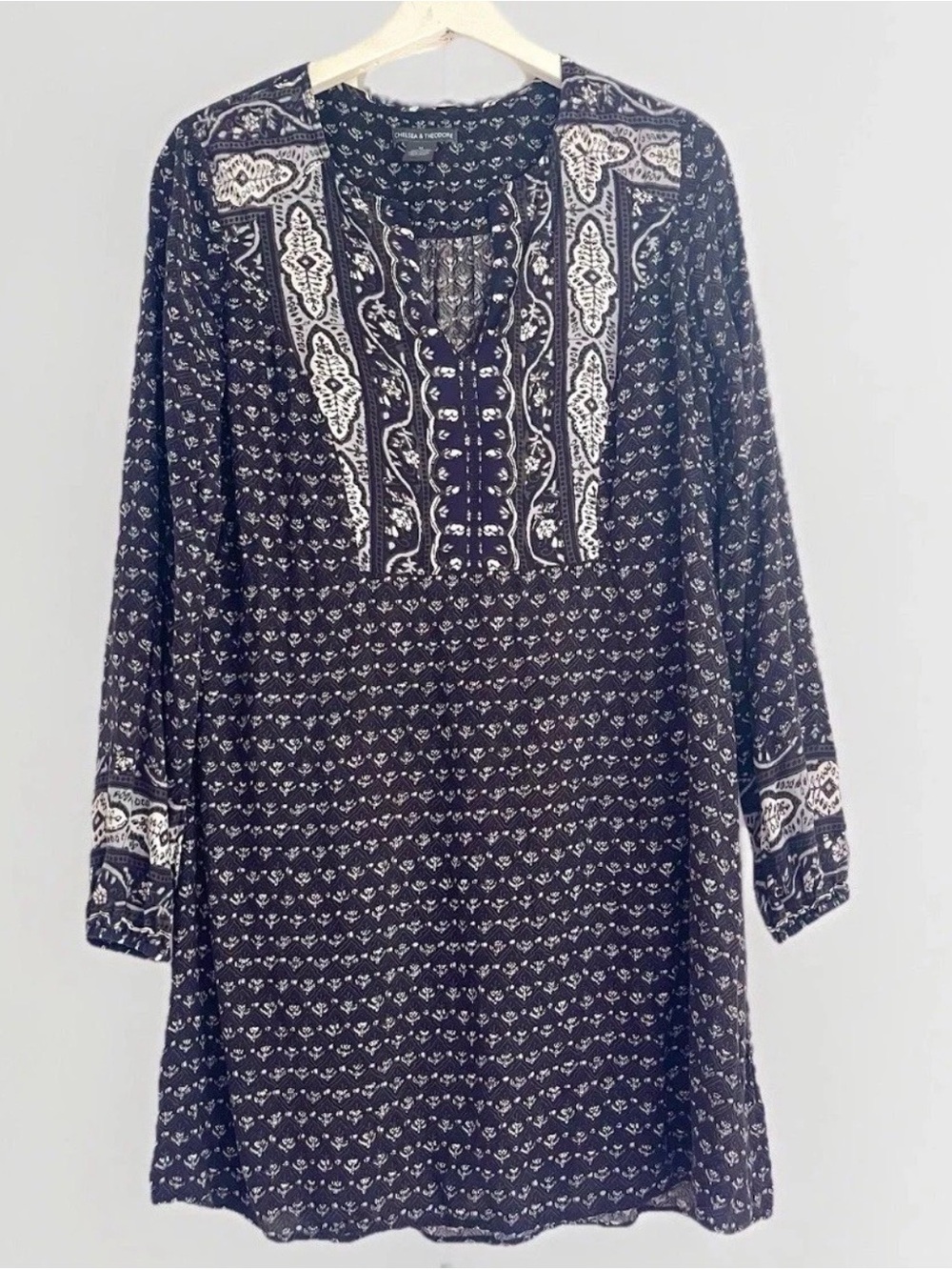 Chelsea & Theodore M BOHO Tunic Dress Airy Coverup Paisley Blockprint Black Navy